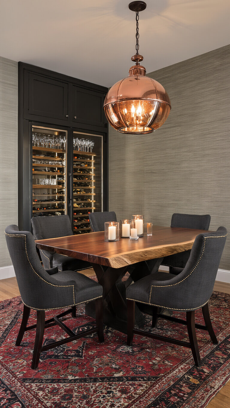 Intimate evening dining room with candlelit walnut table, upholstered chairs, pendant lighting, and vintage rug in cozy corner space.