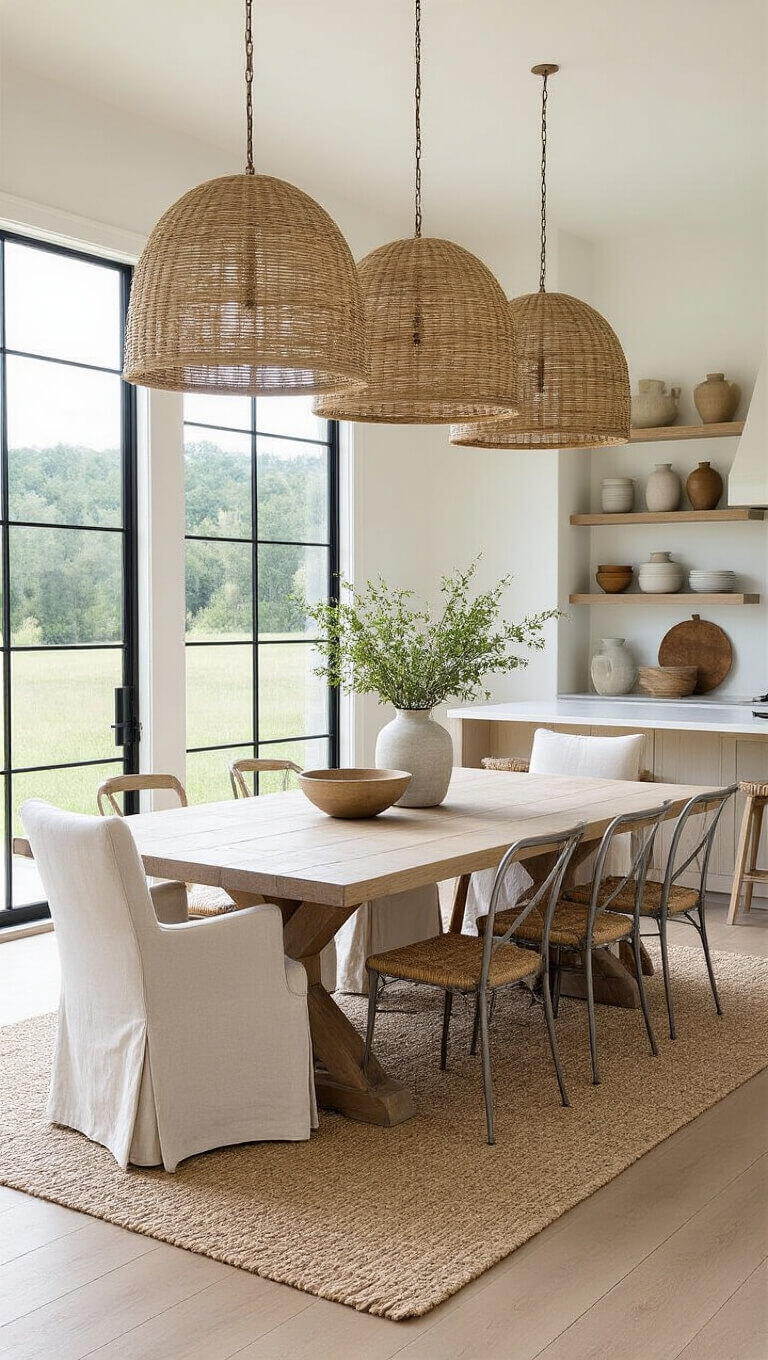 Open concept dining area with farmhouse table, mixed seating, woven pendant lights, and floor-to-ceiling windows overlooking pastoral landscape.