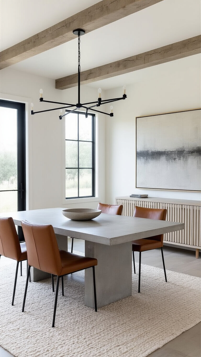 Contemporary barndo dining room with concrete table, cognac leather chairs, black metal chandelier, fluted white oak buffet, abstract artwork, and cream rug on polished concrete floors.