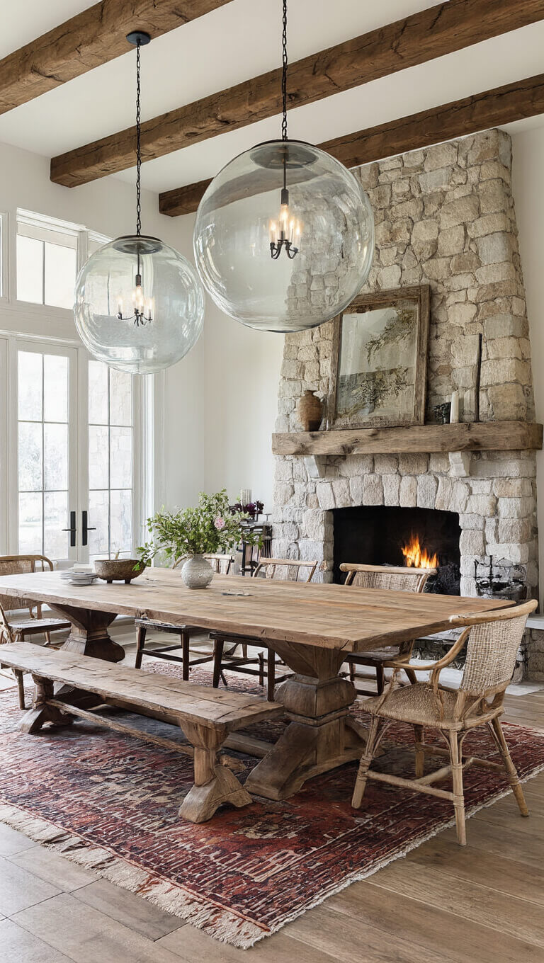 Twilight view of grand dining room with harvest table, globe pendant lights, stone fireplace, and vintage decor.