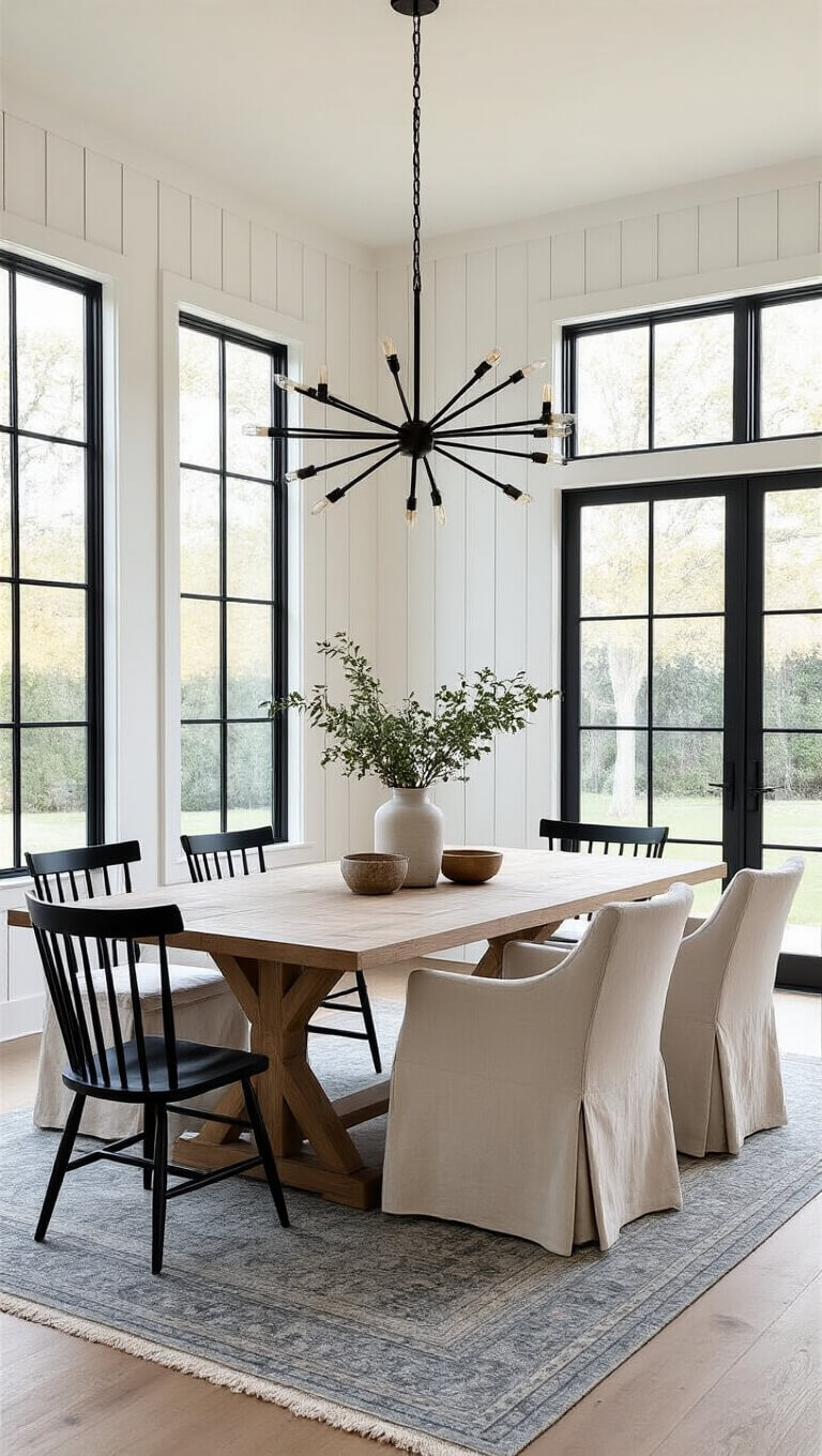 Modern farmhouse dining room with white oak table, black Windsor chairs, slipcovered end chairs, and sputnik chandelier, bathed in morning light.