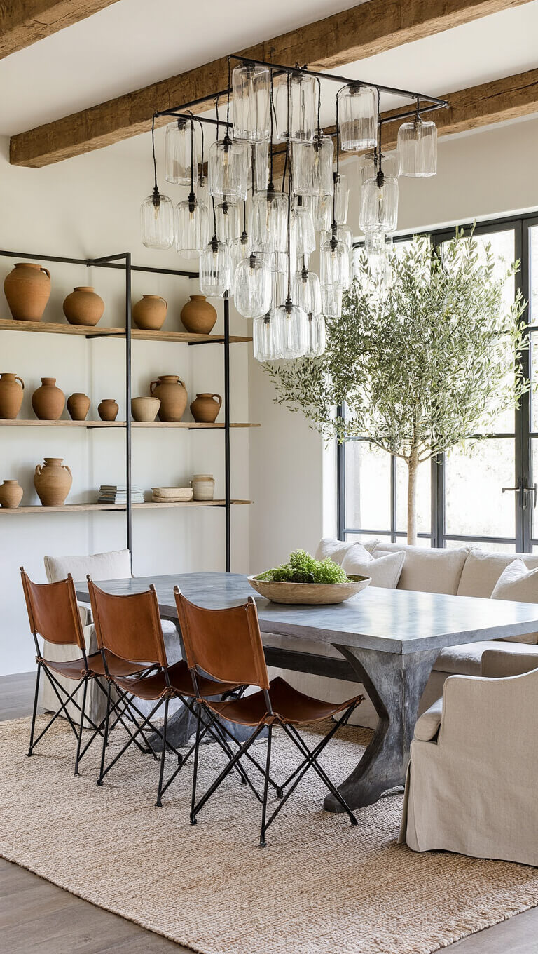 Rustic modern dining room with zinc table, mixed seating, cascading glass lights, pottery on steel shelves, layered rugs, and potted olive trees in golden hour light.