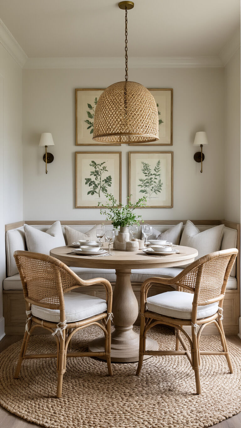 Cozy dining nook with round oak table, rattan chairs, velvet banquette, jute rug, and warm pendant lighting.