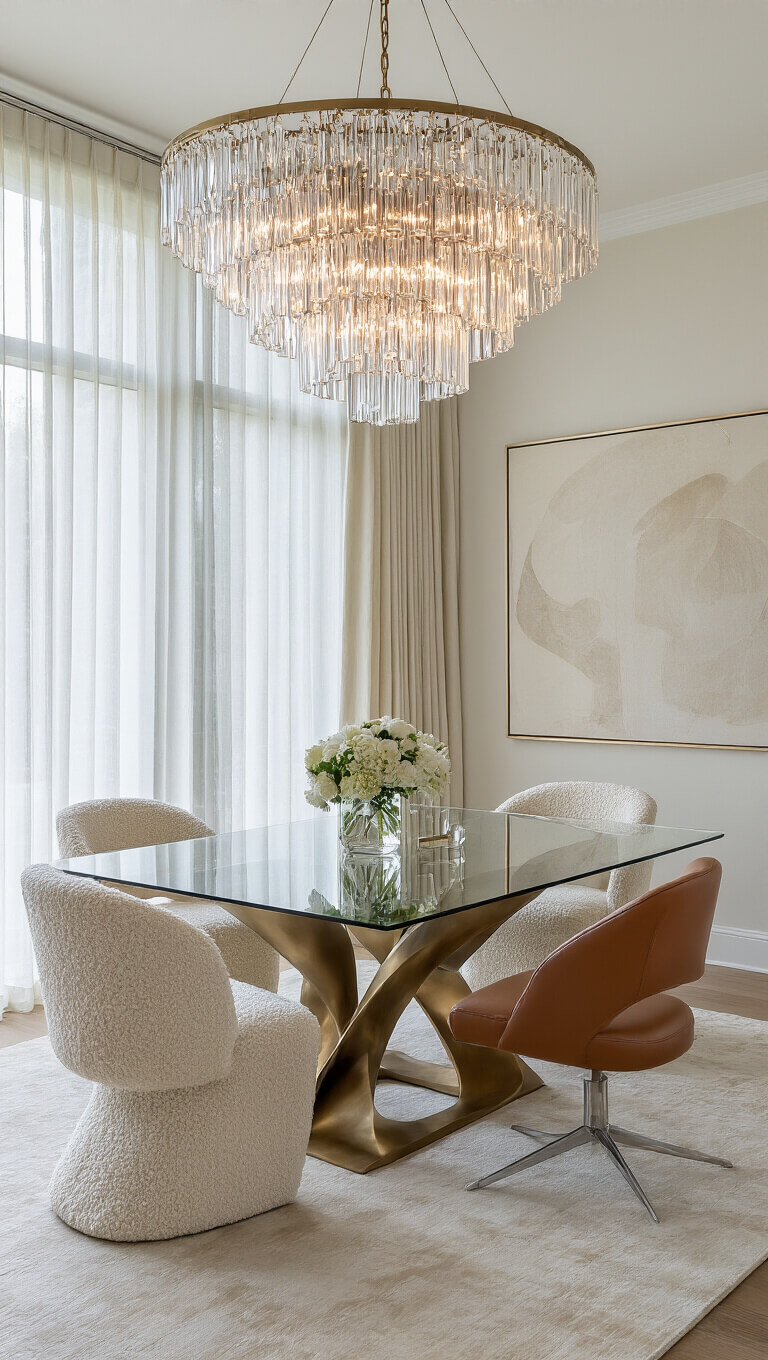 Modern 22x24ft dining room with glass table, mixed chairs, crystal chandelier, ivory drapery, abstract art, and luxury rug in bright midday light.