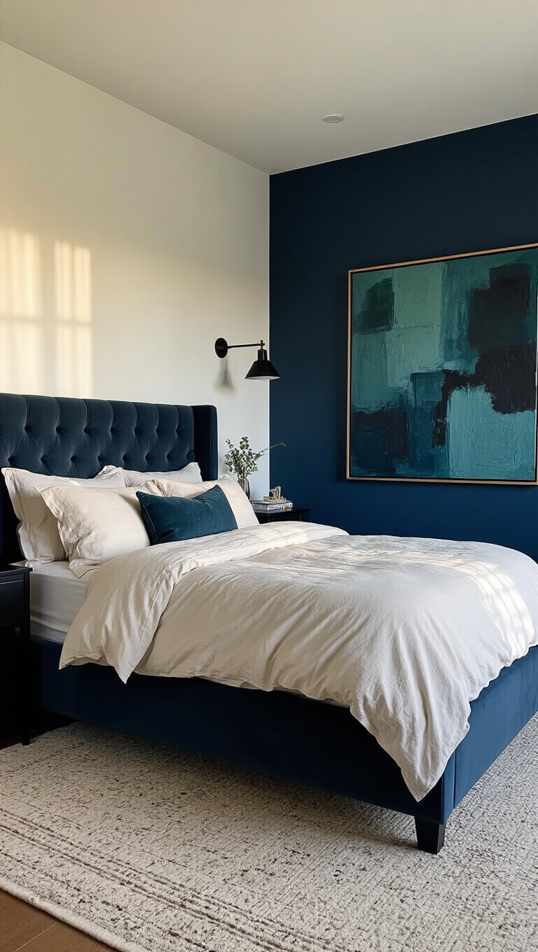 Cozy 12x12ft bedroom at golden hour with navy 'Hague Blue' accent wall, graphite velvet tufted bed in ivory bedding, abstract teal and black artwork, and warm layered lighting.