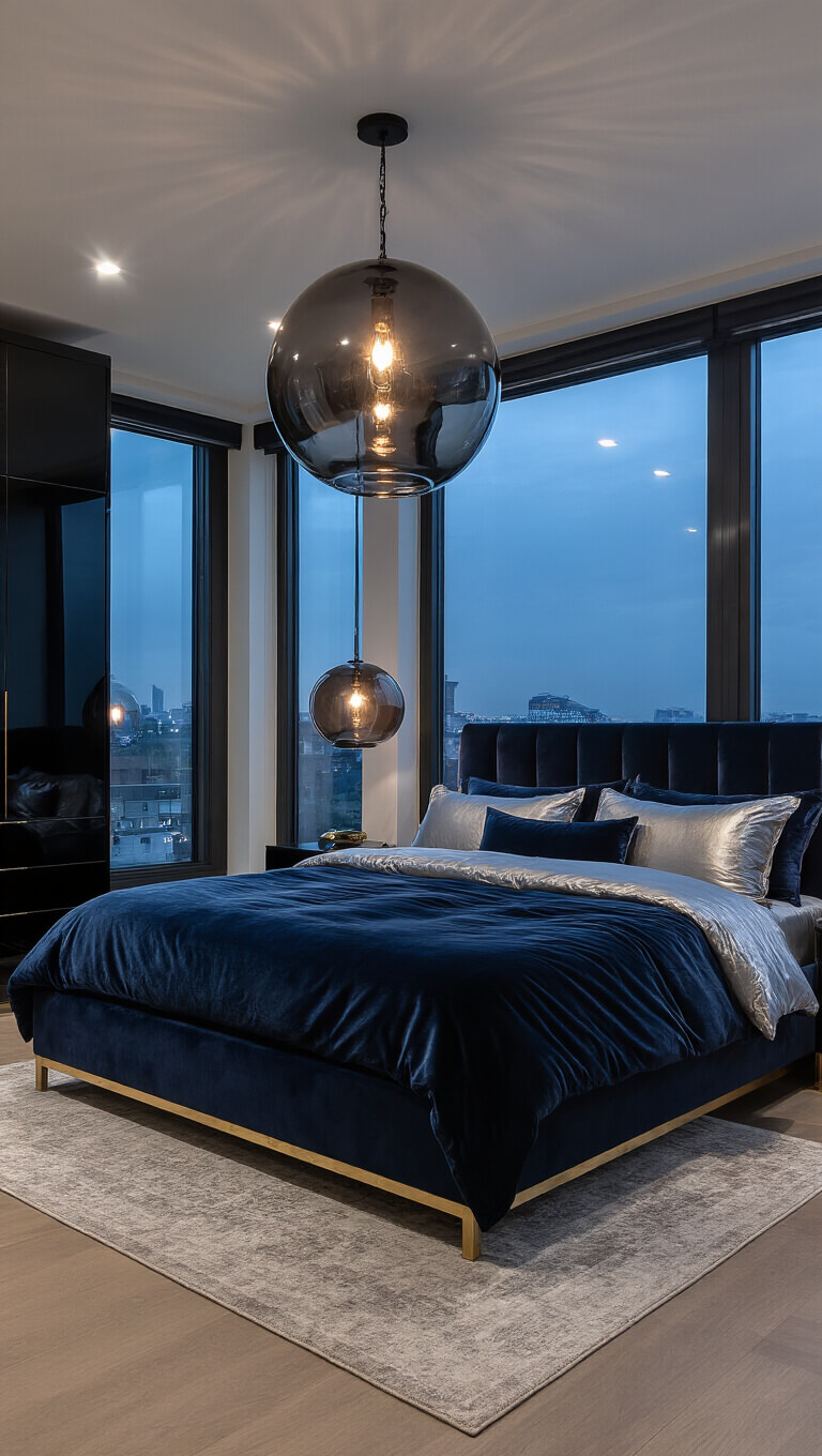 Luxurious 15x15ft twilight bedroom with high-gloss black built-in wardrobes, California king bed in mixed metallics, midnight blue and silver bedding, and a smoked glass pendant casting dramatic light.