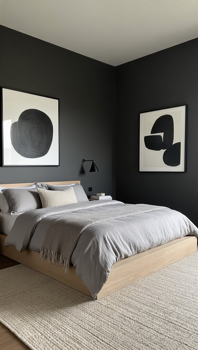 Minimalist 13x14ft bedroom with dark 'Wrought Iron' walls, low bleached oak platform bed, warm grey silk and linen bedding, black and white contemporary art, and soft morning light.