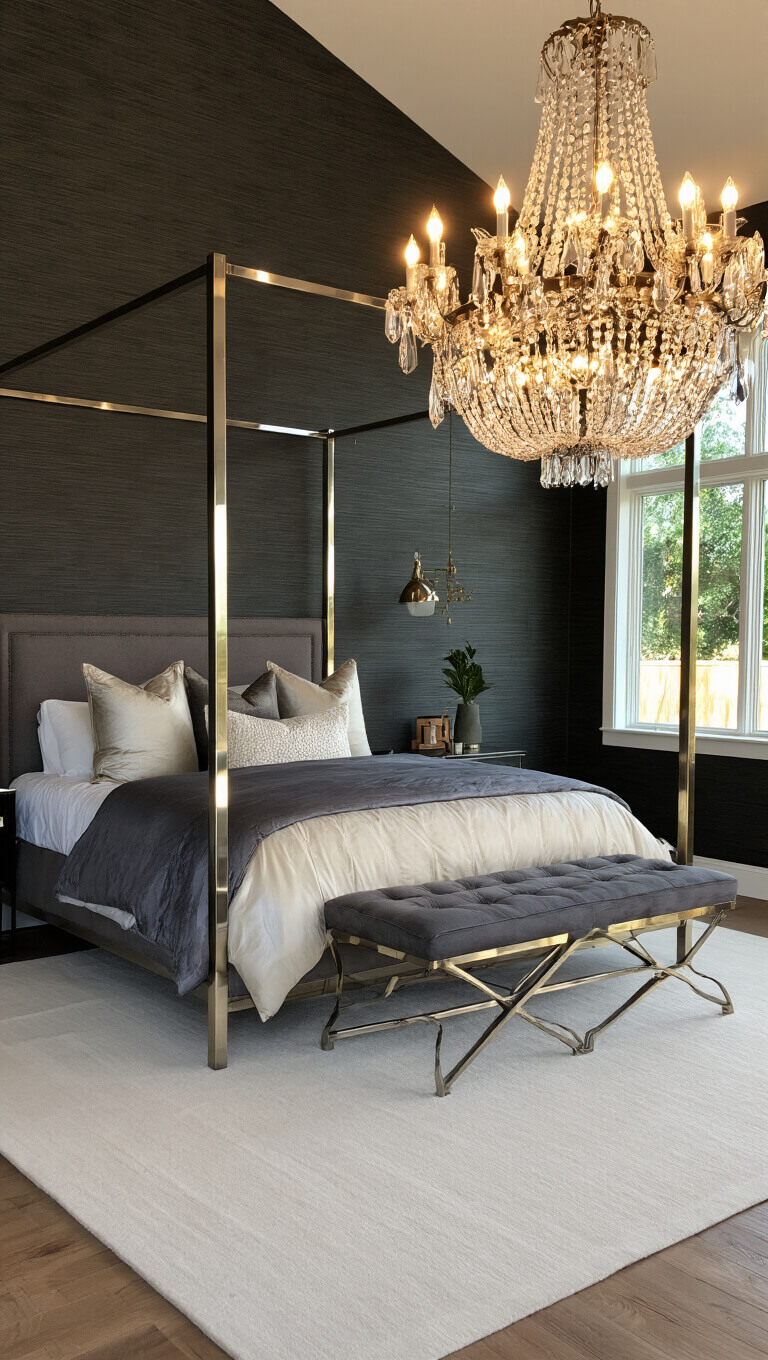 Luxury 16x20ft bedroom suite at sunset with dark grasscloth walls, black nickel four-poster bed, ivory wool carpet, layered silk bedding, and crystal-brass chandelier.