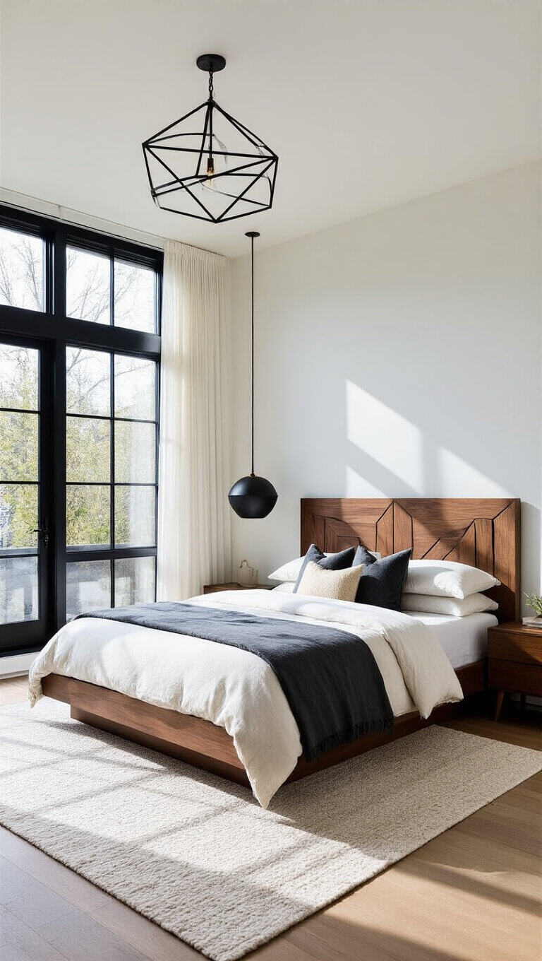 Modern 15x17ft bedroom with black steel-framed windows, walnut platform bed with geometric headboard, graphite linens, ivory bouclé throws, and blackened brass pendant casting shadows.