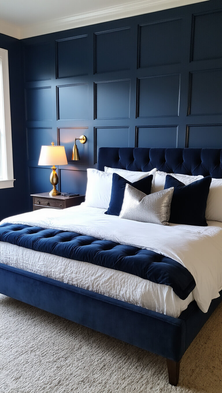 Elegant 13x16ft bedroom at blue hour with dark navy paneled walls, tufted charcoal velvet bed, white sateen bedding, silver pillows, and warm vintage brass table lamps.