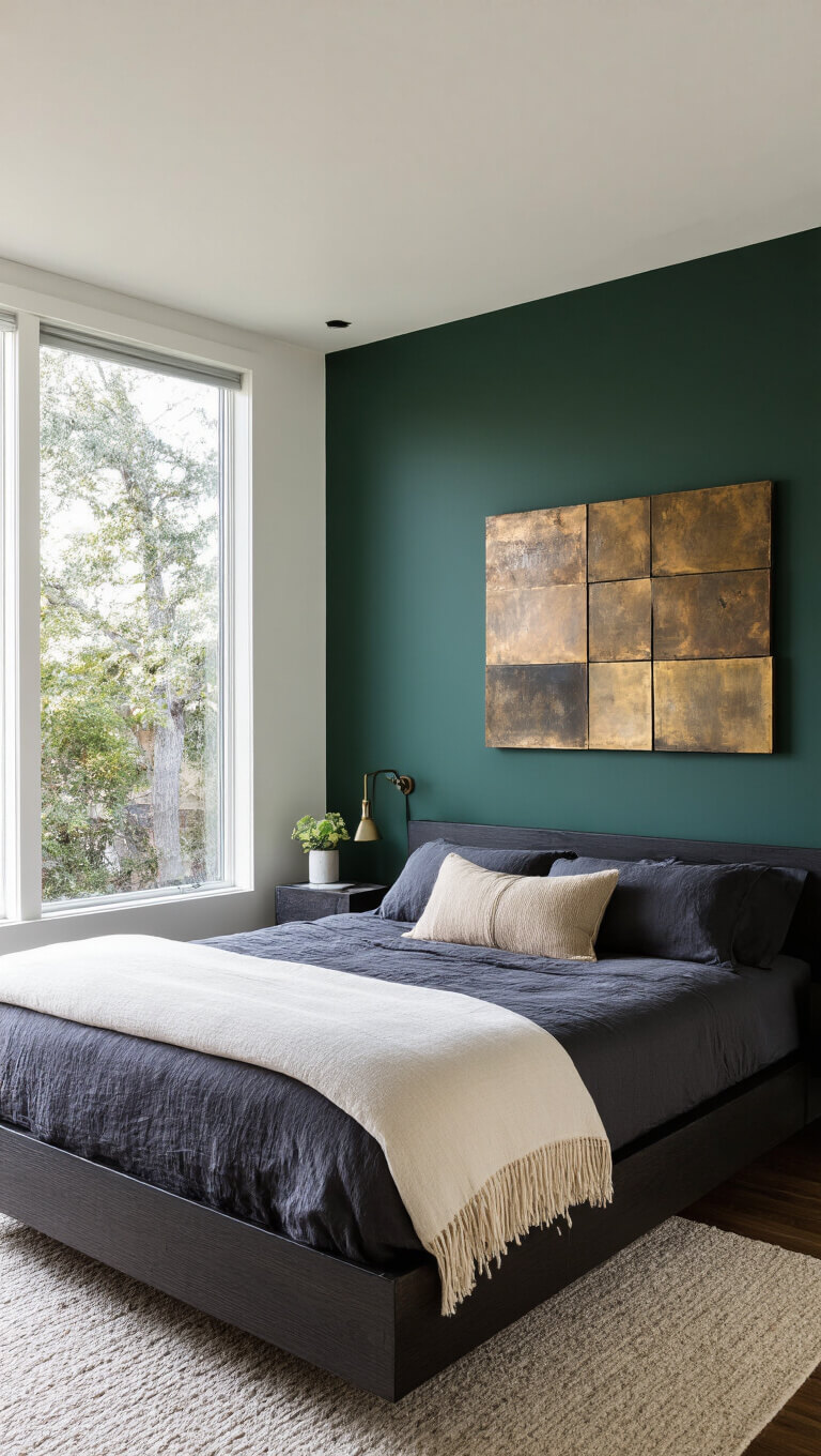 Contemporary 12x14ft bedroom with forest green walls, floating blackened steel bed, layered charcoal and ivory bedding, mixed metal art, bathed in crisp morning light.
