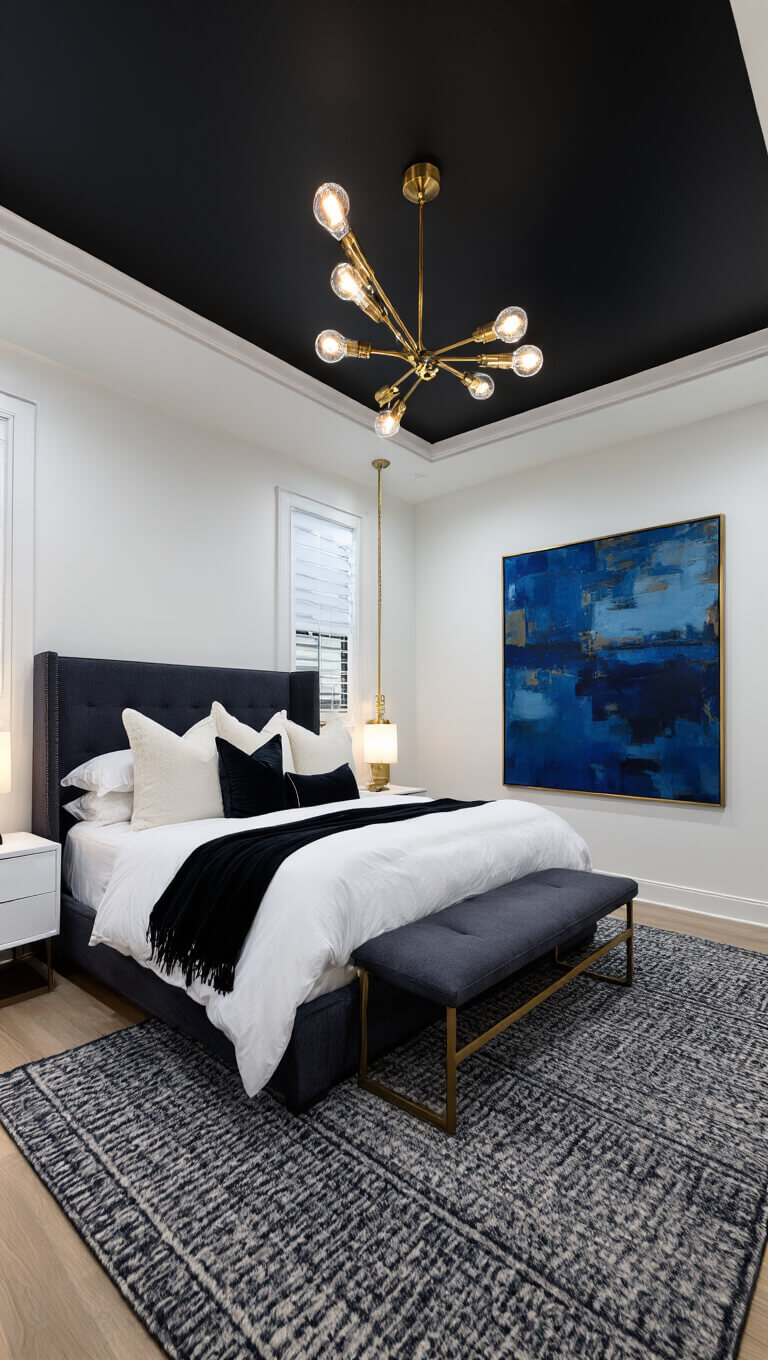 Moody 14x14ft bedroom at dusk with black ceiling, exposed brass pendant rail, low-profile charcoal bed, white and black bedding, abstract blue and metallic artwork, and soft dramatic lighting.