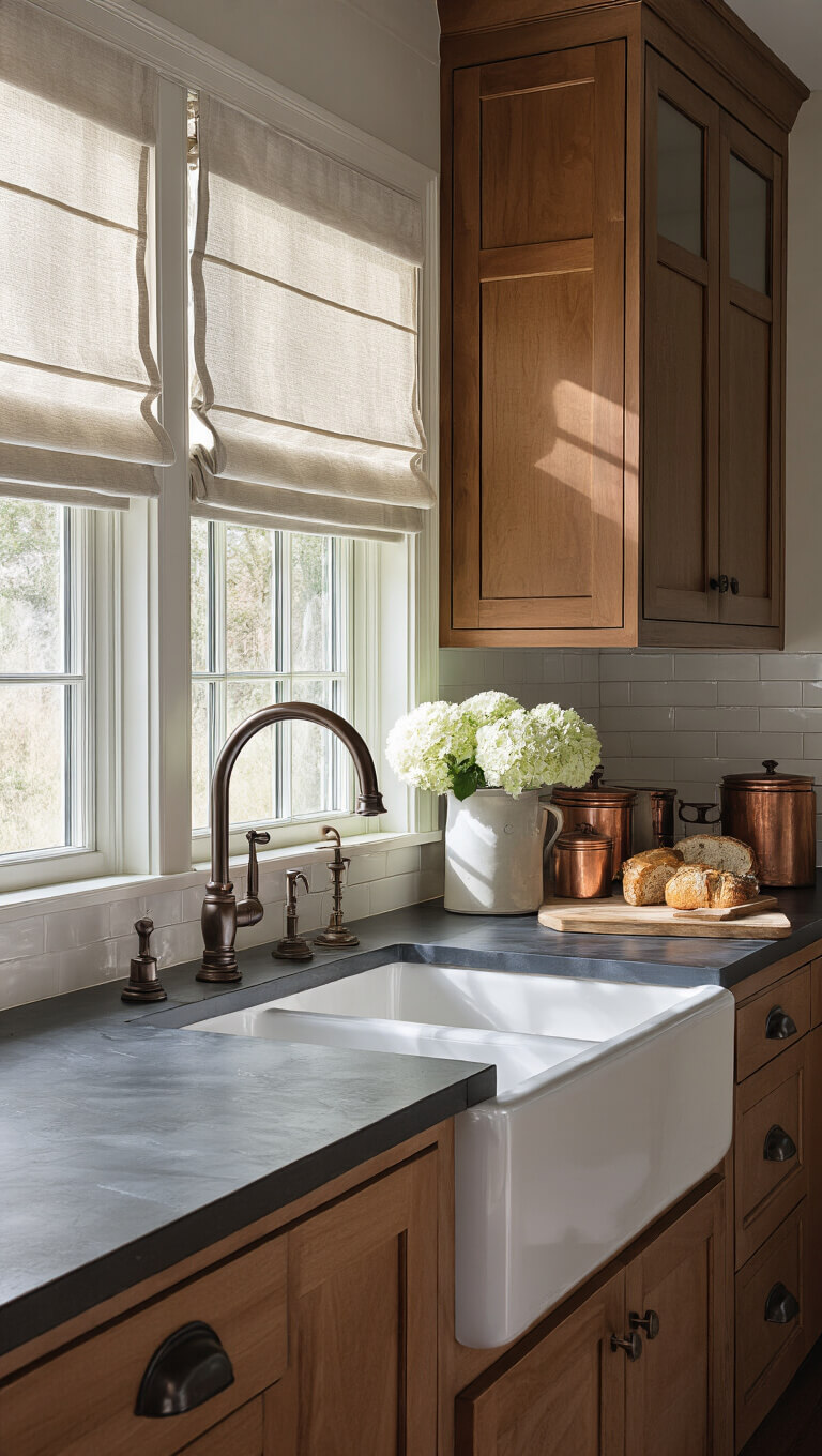 Moody dawn-lit galley kitchen with cherry Shaker cabinets, charcoal soapstone counters, farmhouse sink, and vintage bronze fixtures.