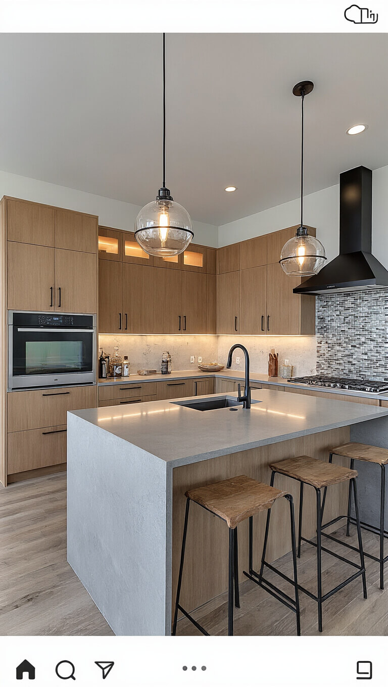 Open-concept contemporary kitchen with cherry slab cabinets, concrete-look quartz surfaces, smoky gray glass backsplash, industrial lighting, and dramatic dusk uplighting.