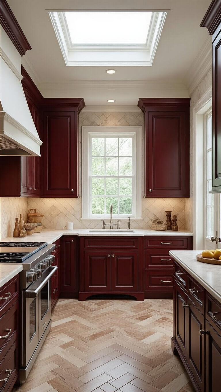 Traditional 11x13ft kitchen with cherry cabinets, marble counters, herringbone backsplash, coffered ceiling, and balanced lighting.