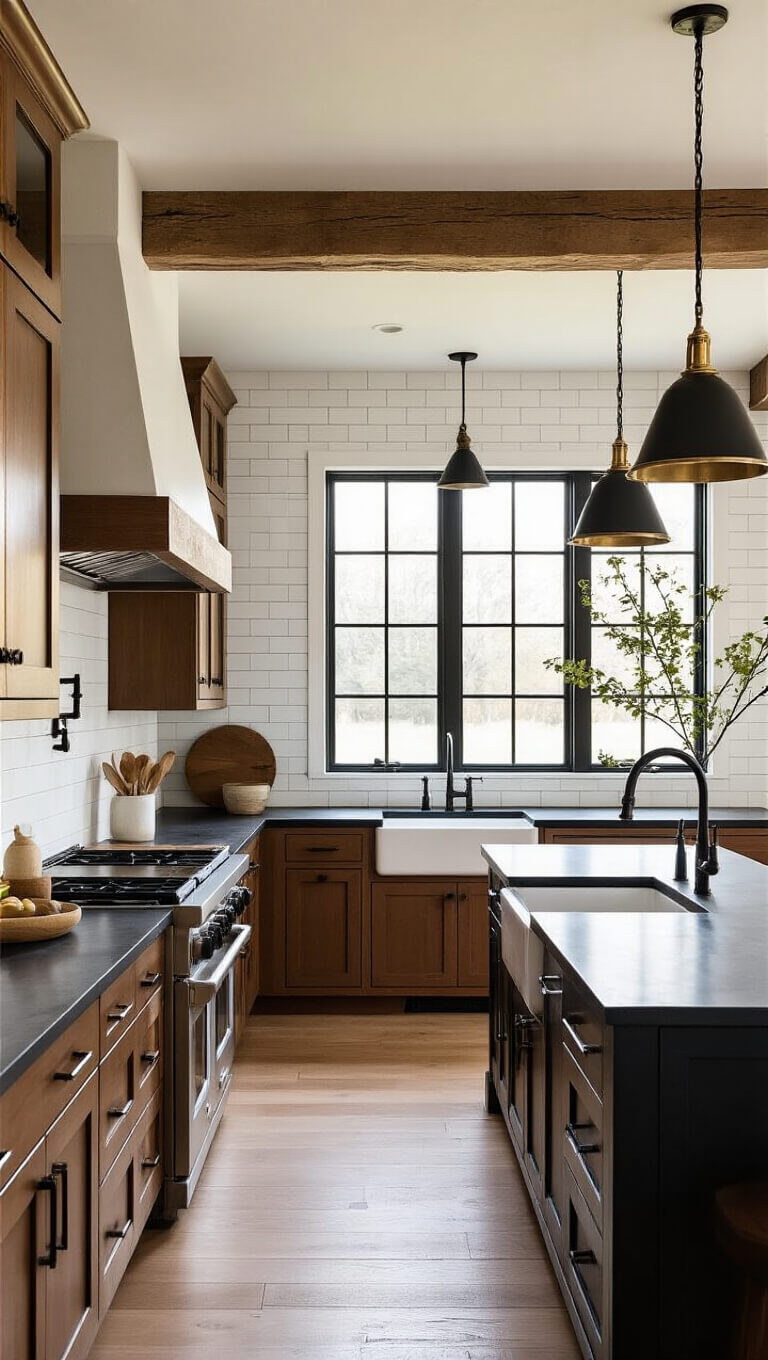 Modern farmhouse kitchen with cherry cabinets, black granite counters, exposed beams, brass and black hardware, and subway tile backsplash in golden hour light.