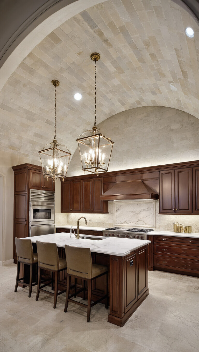 Luxury chef's kitchen with cherry cabinets, white quartzite counters, barrel-vaulted ceiling, crystal and brass lighting, and professional appliances in warm evening lighting.