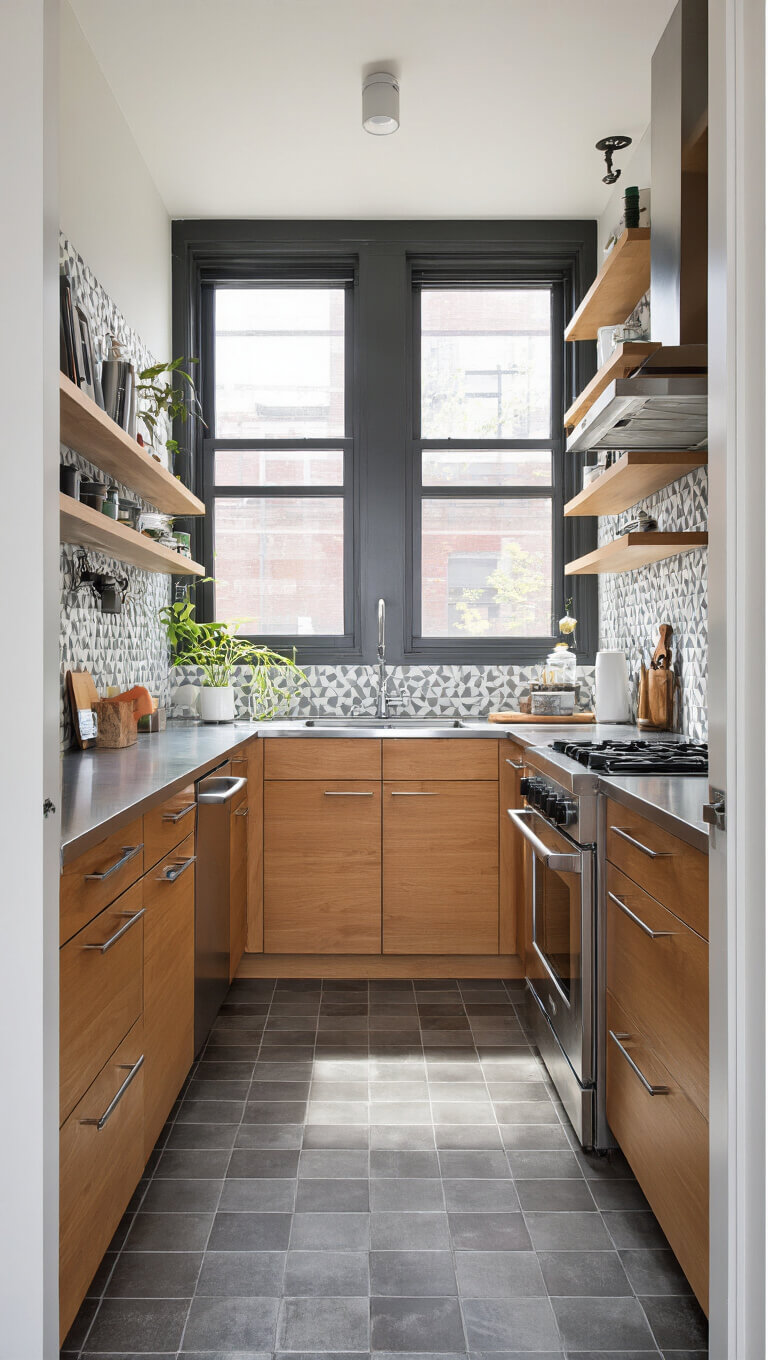 Compact 9x11ft urban kitchen with cherry flat-panel cabinets, stainless steel appliances, geometric gray tile backsplash, pegboard wall, and bright morning light through industrial windows.