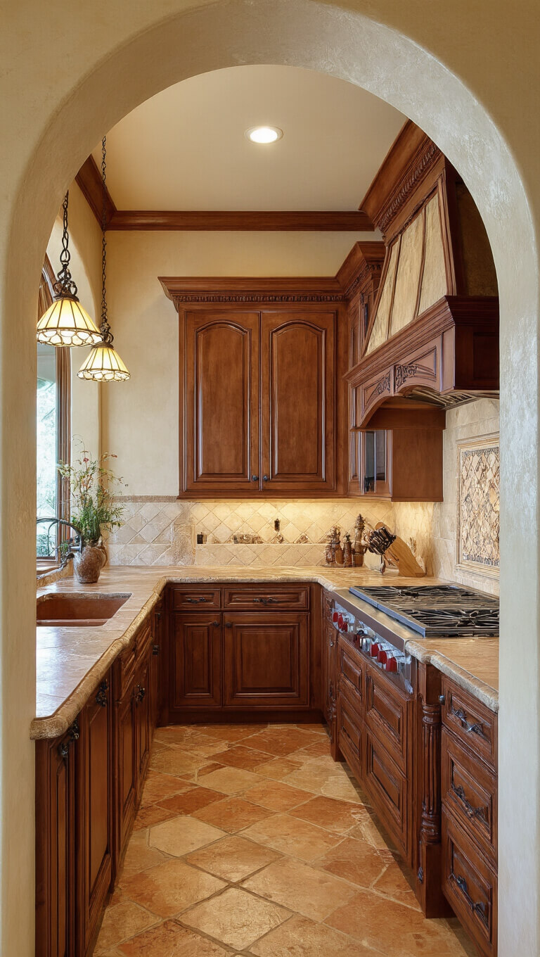Mediterranean-style kitchen with cherry cabinets, limestone counters, terra cotta floors, arched doorways, and warm natural and artificial lighting.