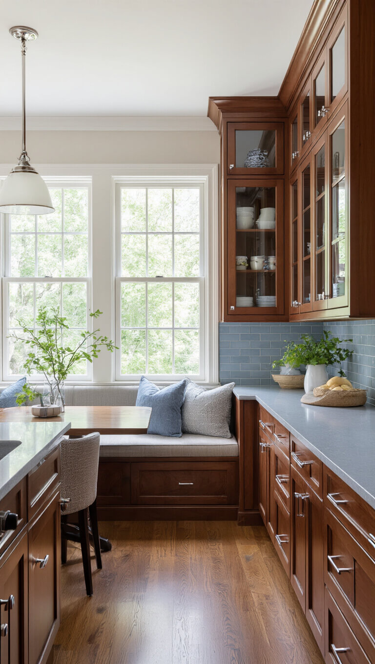 Transitional 12x14ft eat-in kitchen with cherry cabinets, gray quartz counters, bay window seat, and built-in banquette in soft morning light.