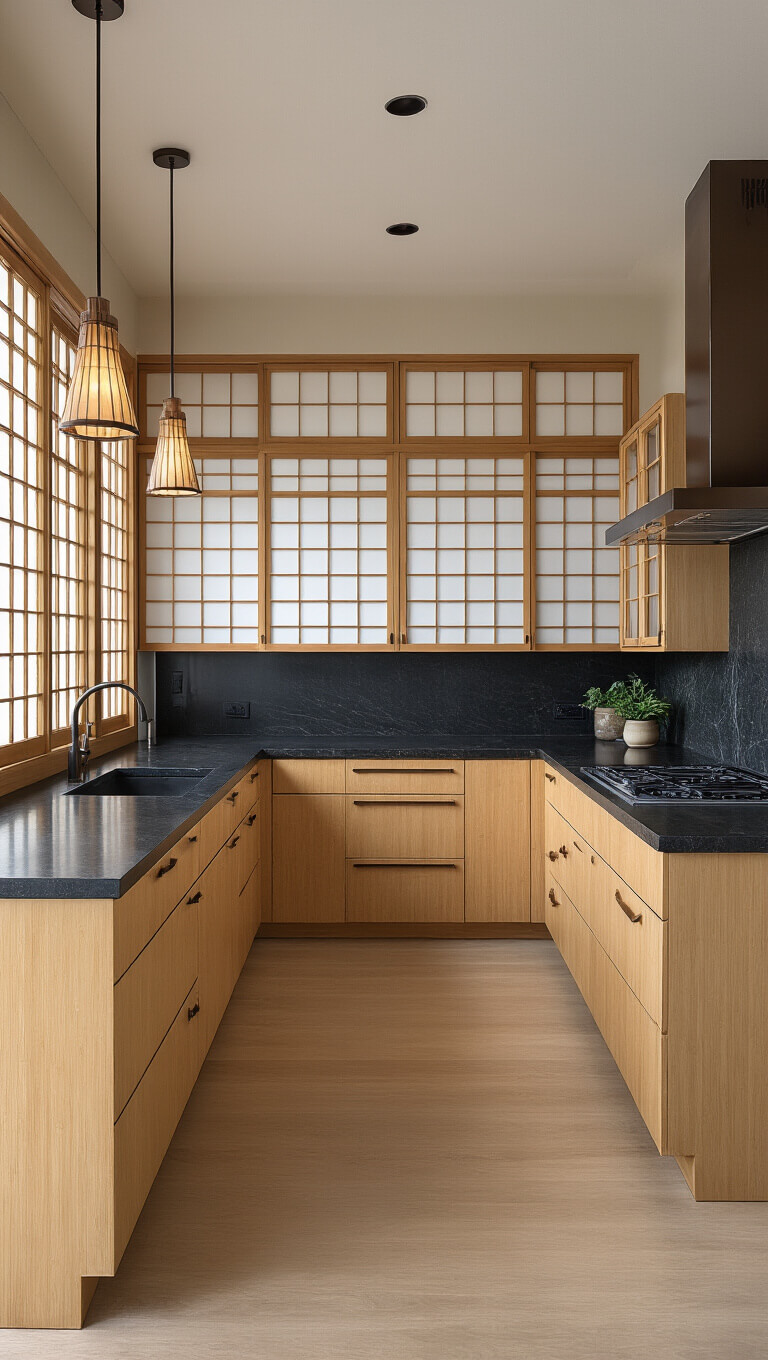Asian-inspired minimalist kitchen with cherry cabinets, black granite counters, shoji screens, bamboo-look backsplash, and bronze accents in soft afternoon light.