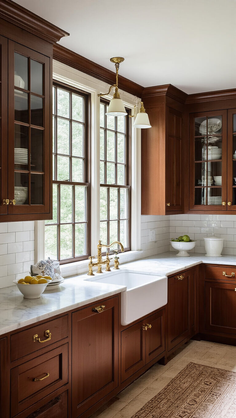 Colonial-style kitchen with cherry cabinets, white marble counters, chair rail trim, mullioned windows, and vintage sconces in morning light.