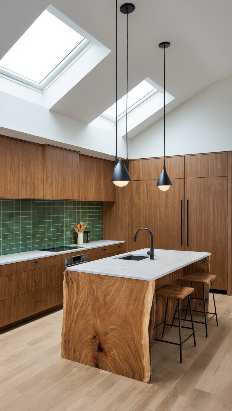 Modern organic kitchen with cherry cabinets, live-edge wood island, skylights, living wall, and green tile accent wall.