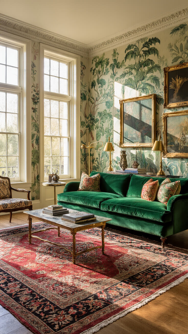 Sunlit living room with emerald velvet sofa, botanical wallpaper, layered jewel-toned rugs, vintage side tables, and gilt-framed art, captured at golden hour with soft shadows and rich textures.
