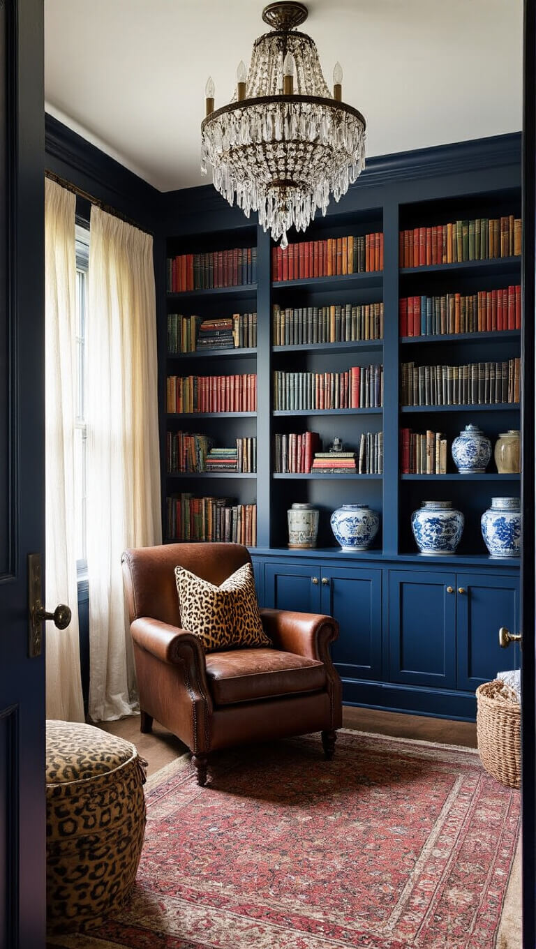 Cozy home library nook with navy bookshelves, color-coded books, leather chair, crystal chandelier, patterned pillows, Chinese ceramics, and soft natural light through gauzy curtains.