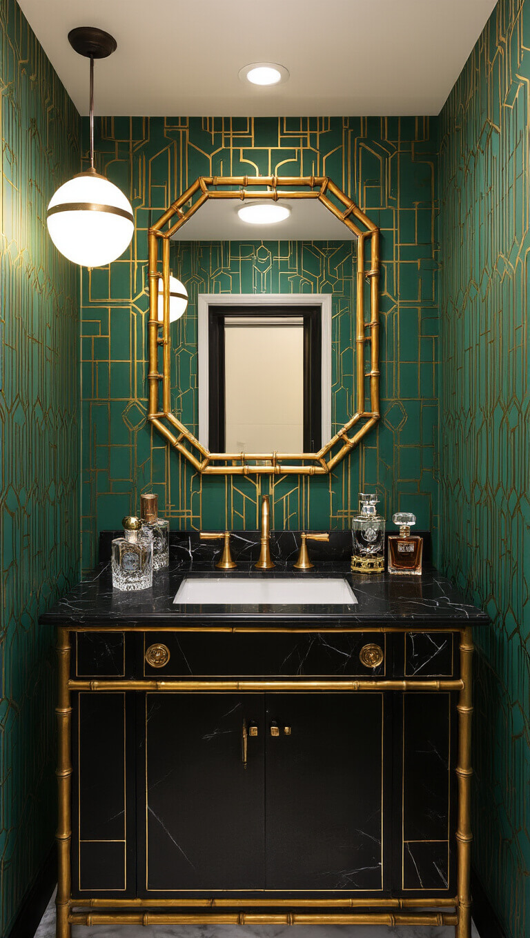 Art deco powder room with emerald and gold geometric wallpaper, black marble vanity, gilt bamboo mirror, vintage perfume bottles, and frosted globe pendant light.