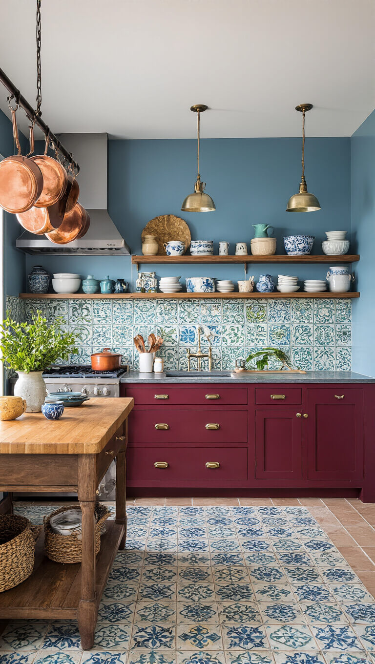 Eclectic 16x18ft kitchen at blue hour with burgundy cabinets, colorful cement tile backsplash, hanging copper pots, vintage butcher block island, open shelving with ceramic collections, and dramatic pendant lighting.