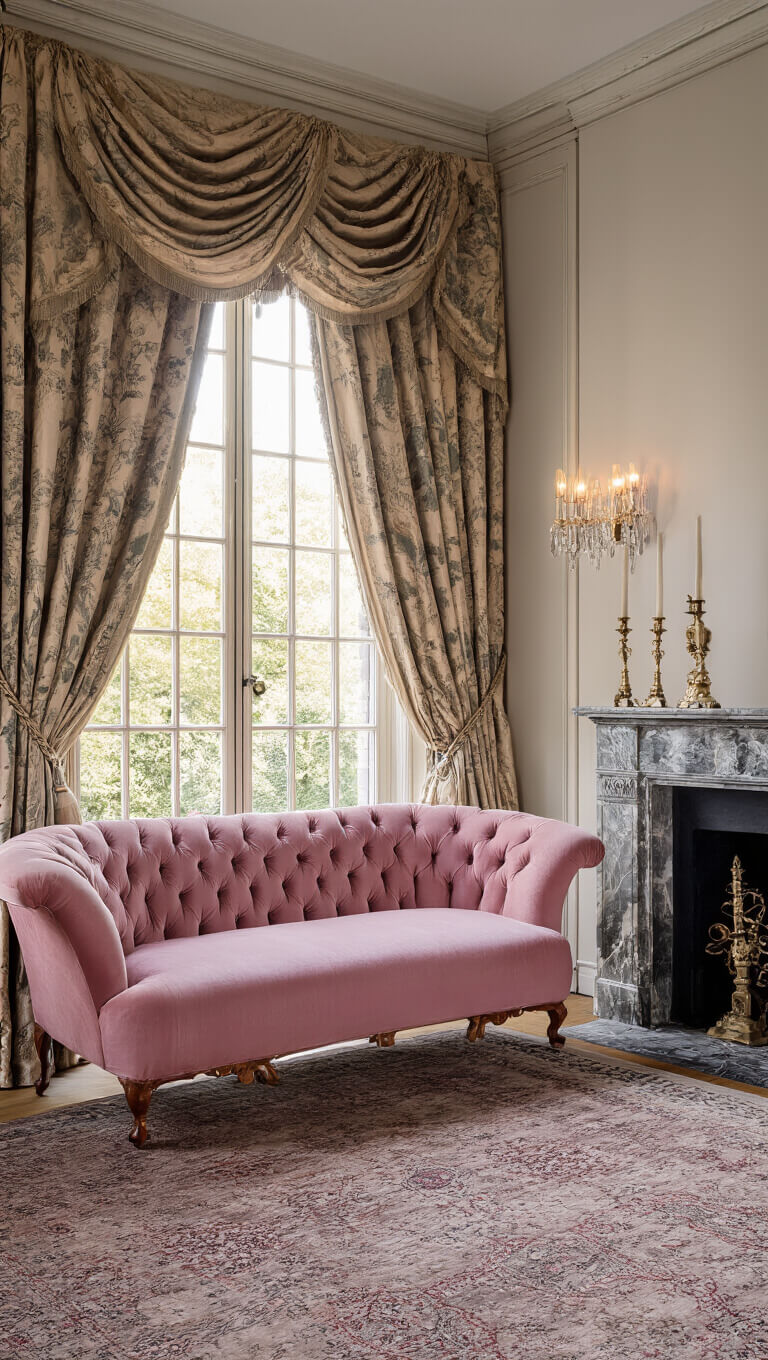 Victorian-style sitting room with pink velvet settee, marble fireplace, Chinoiserie screens, and Persian rug at sunset.