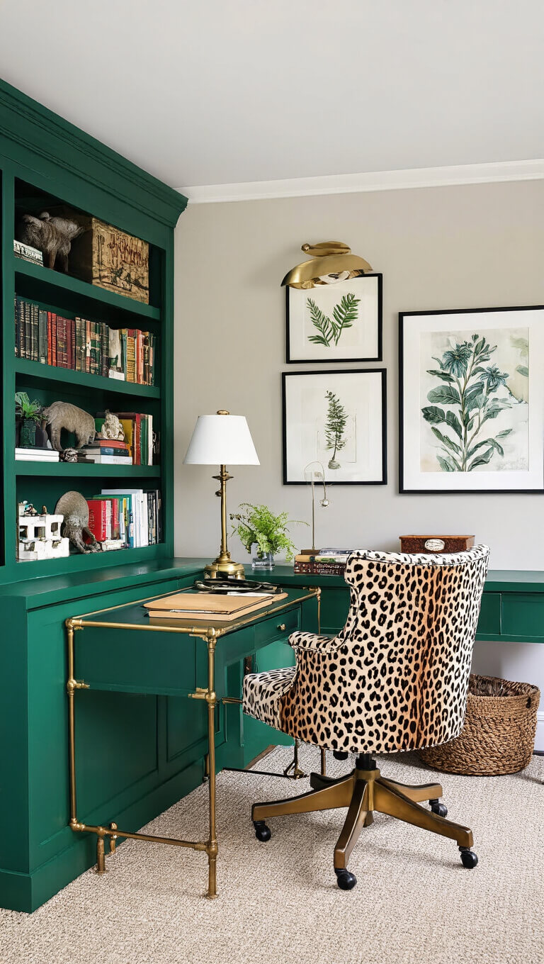 Maximalist home office with emerald green built-ins, brass desk, animal print chair, gallery wall, and vintage table lamp.