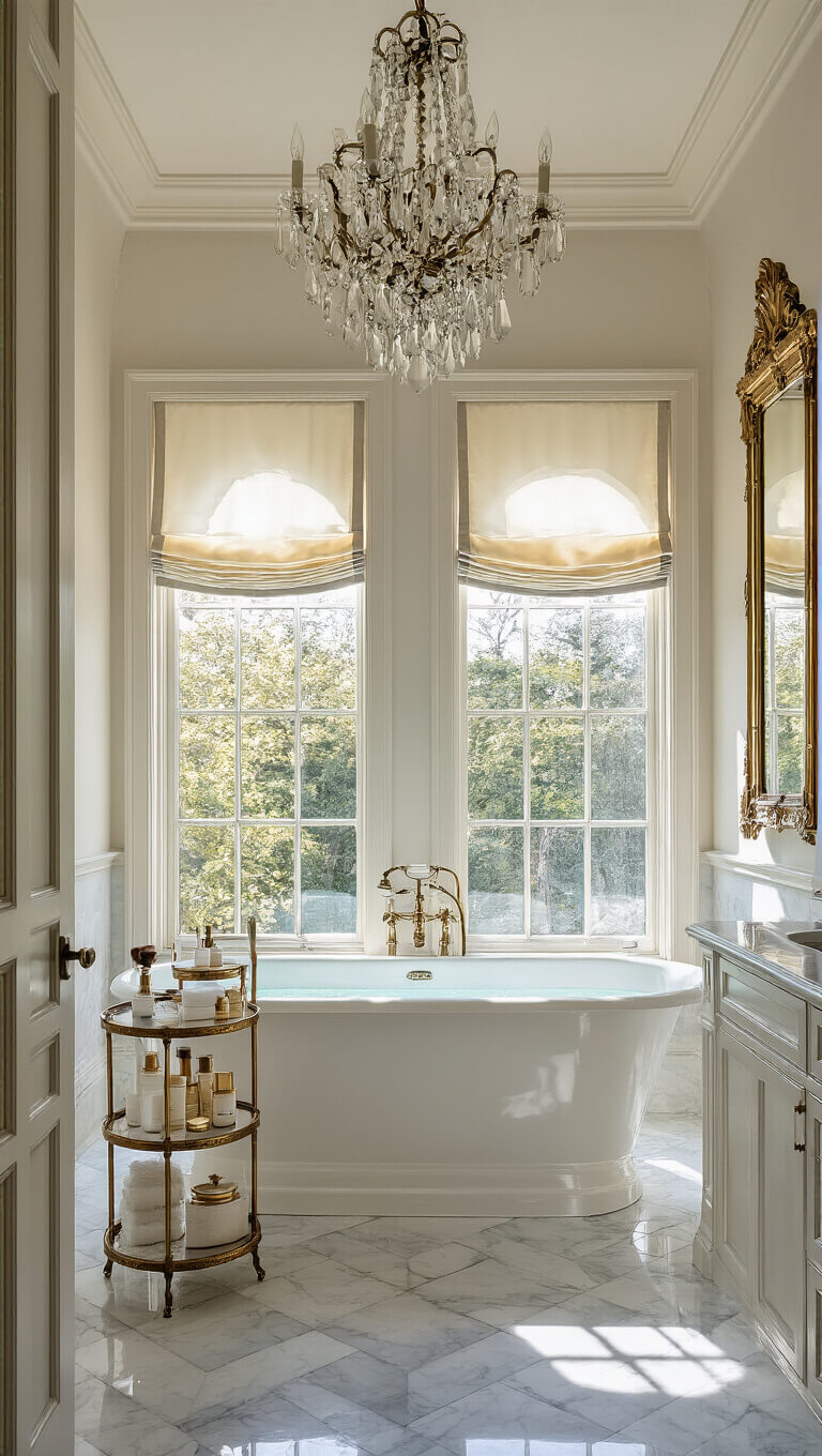 Luxurious primary bathroom with marble herringbone floors, claw foot tub under arched window, crystal chandelier, brass étagère, and Venetian mirror.