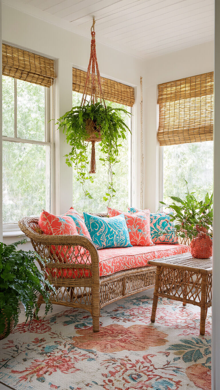 Colorful 14x16ft sunroom with rattan furniture, coral and turquoise cushions, hanging plants in macramé holders, painted floor cloth, and vintage bamboo blinds filtering morning light.