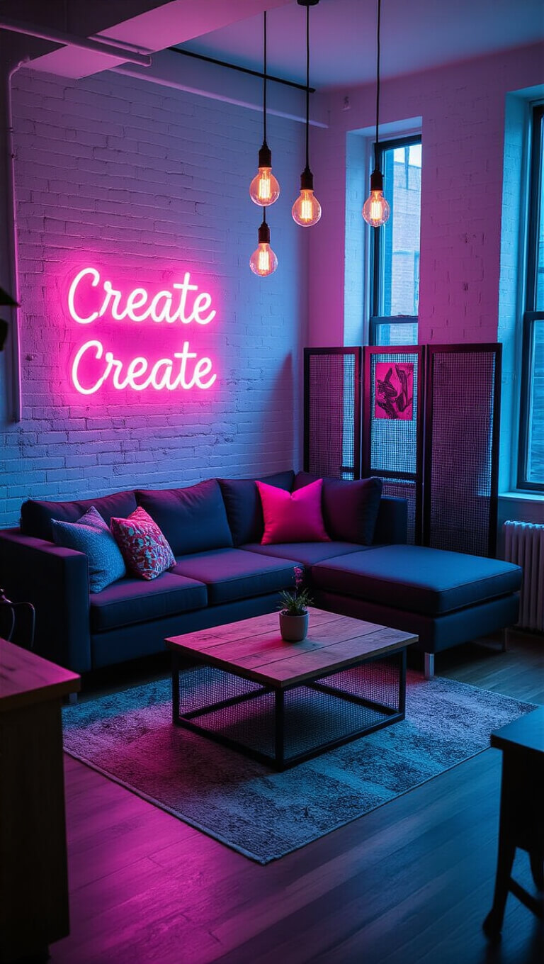 Compact urban living room with white brick walls, neon 'CREATE' sign, charcoal sectional, colorful pillows, and Edison bulb lighting at blue hour.