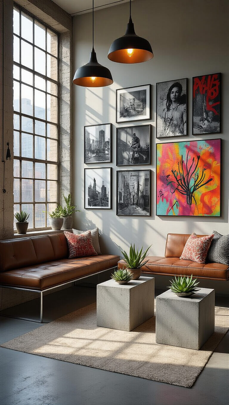 Sunlit mid-century modern room with leather bench seating, chrome accents, street art gallery wall, and industrial windows casting geometric shadows.