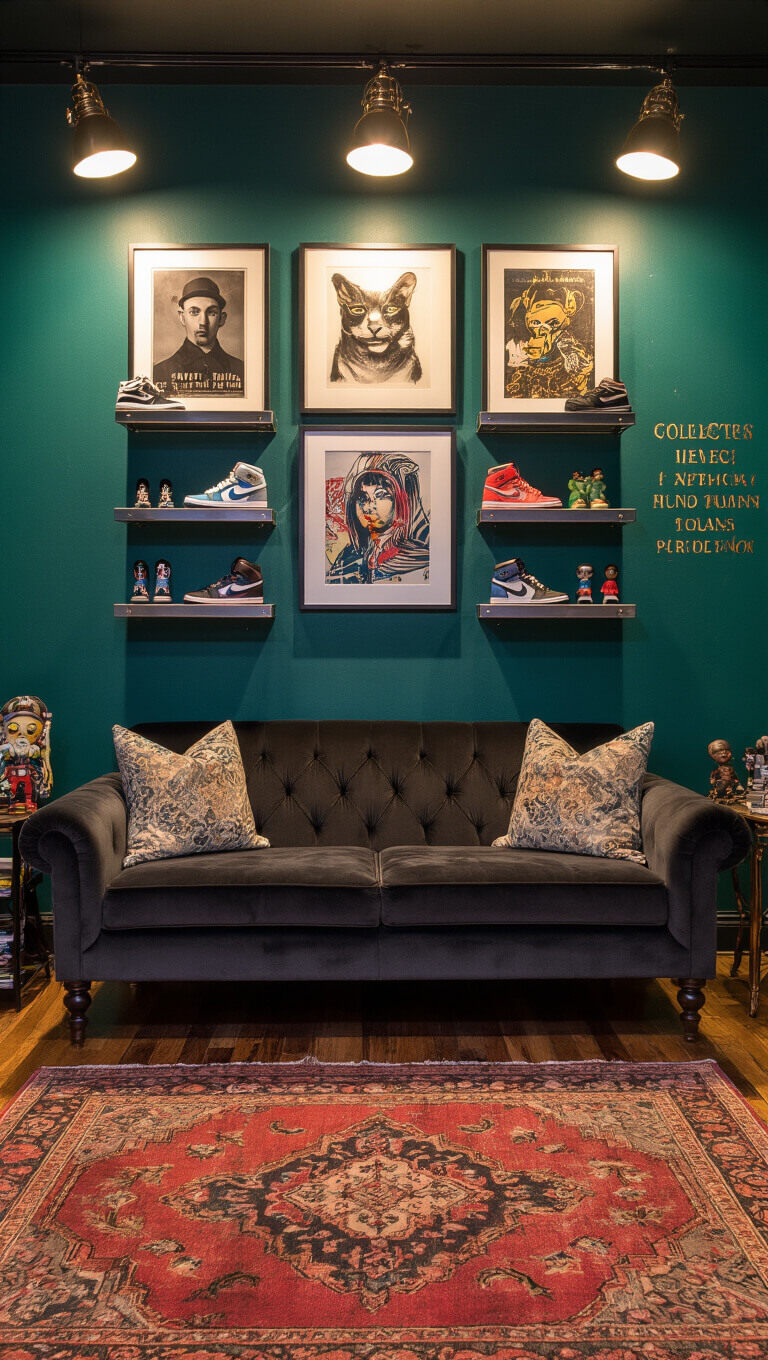 Cozy 12x10ft creative den at dusk with vintage spotlights, art prints above a charcoal velvet settee, floating shelves displaying sneakers and vinyl figures, layered Moroccan rugs on distressed floors, emerald accent wall with gold stenciling.