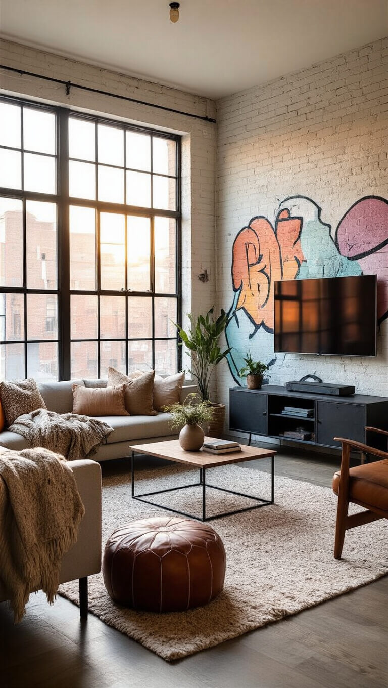Cozy urban retreat with white brick walls, pastel graffiti mural, vintage-modern furniture, and warm golden hour lighting through large black-framed windows.