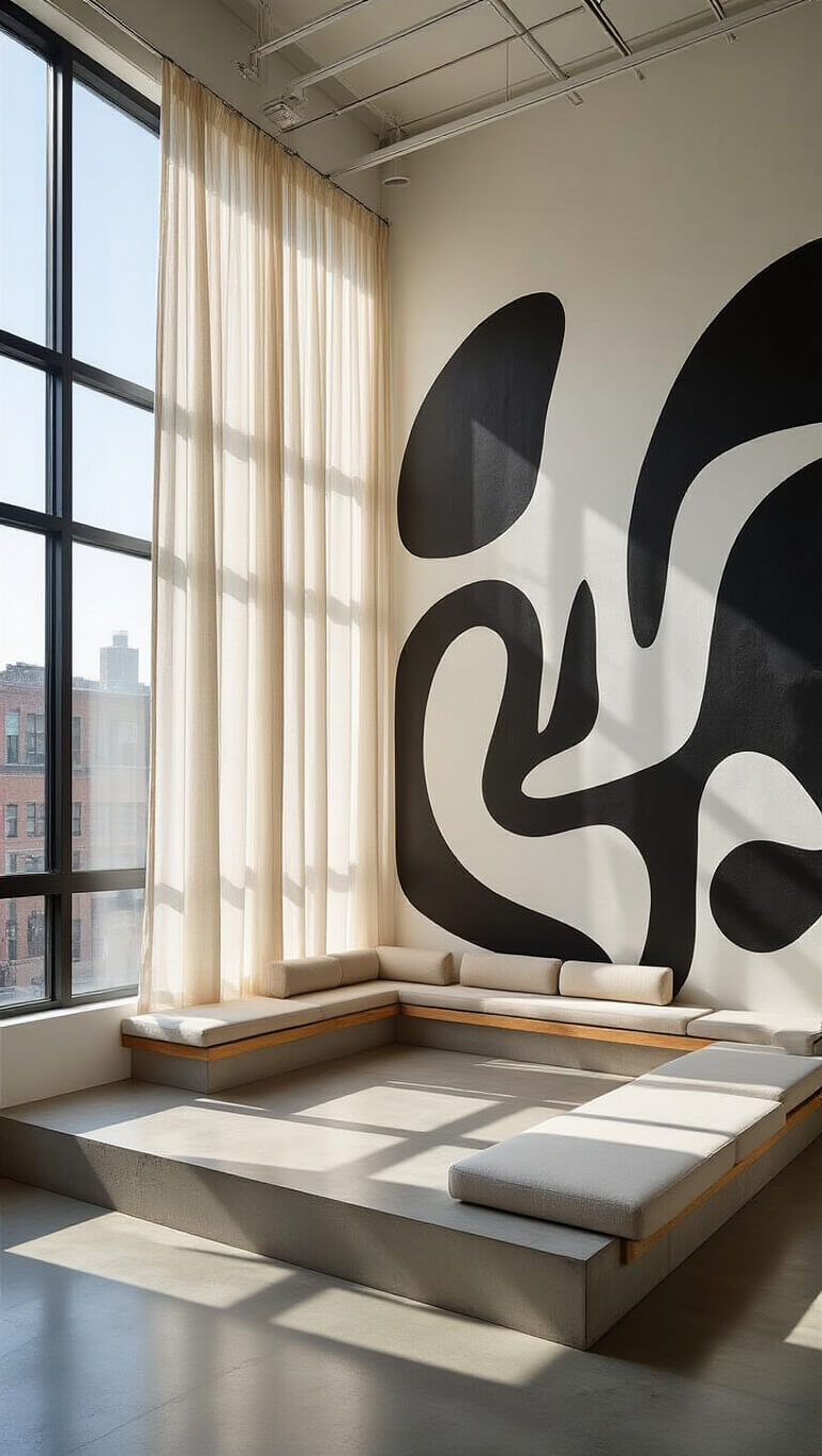 Minimalist 22x18ft sunlit room with floor-to-ceiling windows, platform seating, neutral-toned low furniture, artist mural, and polished concrete floors.