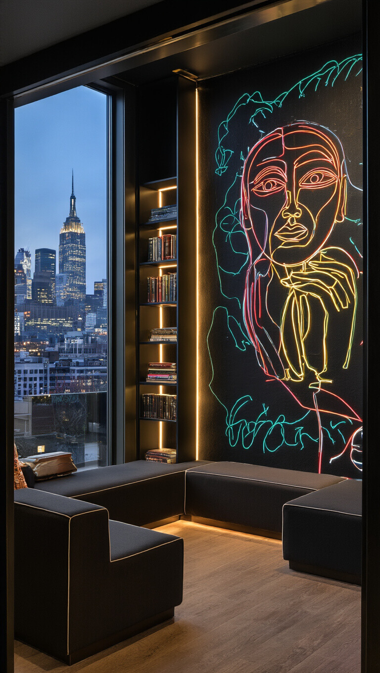 Evening city view room with backlit shelves, charcoal modular seating, neon-accented mural, and mixed metal fixtures seen through doorway.