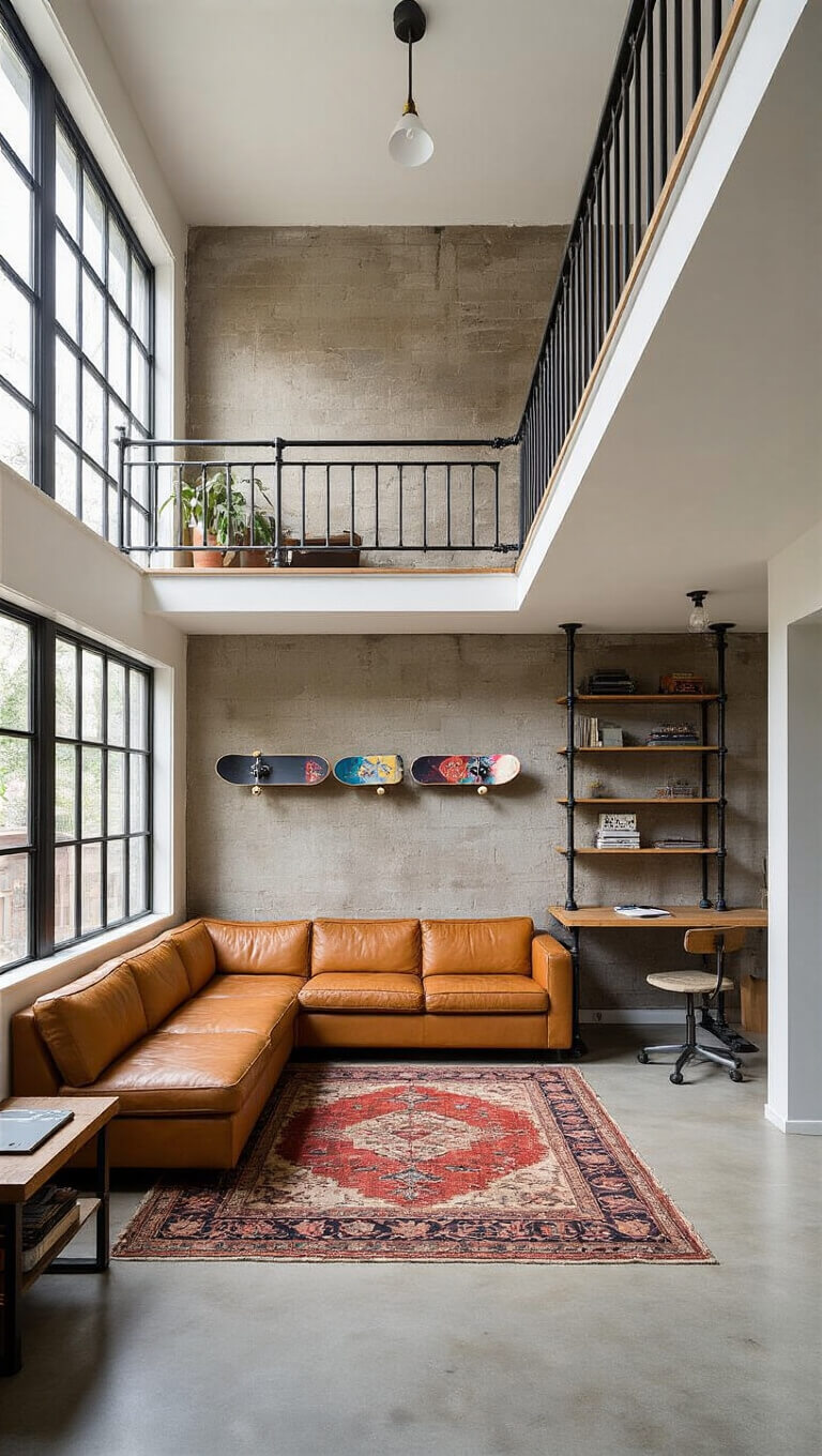 Creative loft workspace with leather sofa, skateboard wall art, industrial desk, Persian rug, and tall windows flooding space with light.