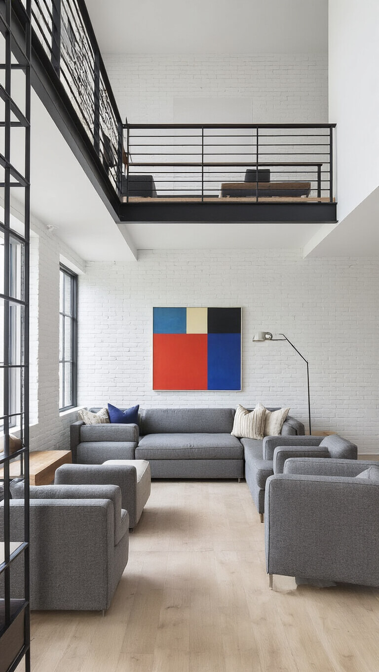 Modern open-concept loft with floating metal staircase, abstract art on white brick wall, gray modular furniture, and geometric dividers, viewed from mezzanine in morning light.