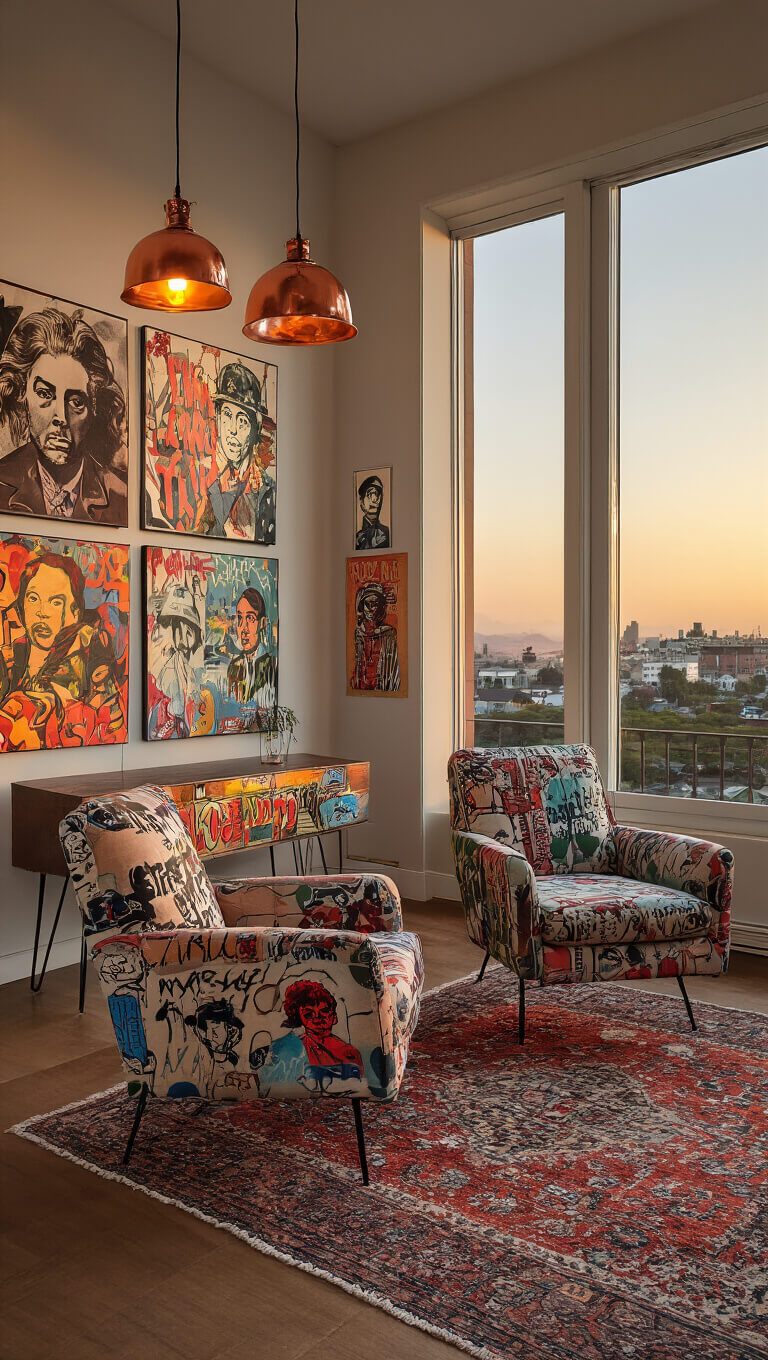 Artist's cozy 14x12ft living room at sunset with warm copper lighting, street art decor, mid-century modern furniture, spray paint console table, and vintage Turkish rug.