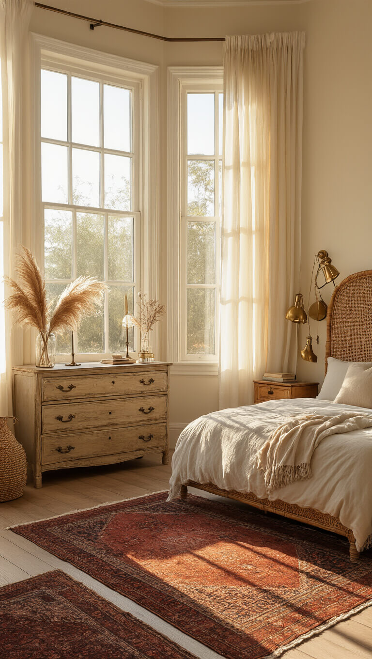 Sunlit vintage bedroom with rattan headboard, layered Persian rugs, oak dresser, and sheer linen curtains glowing in golden hour light.