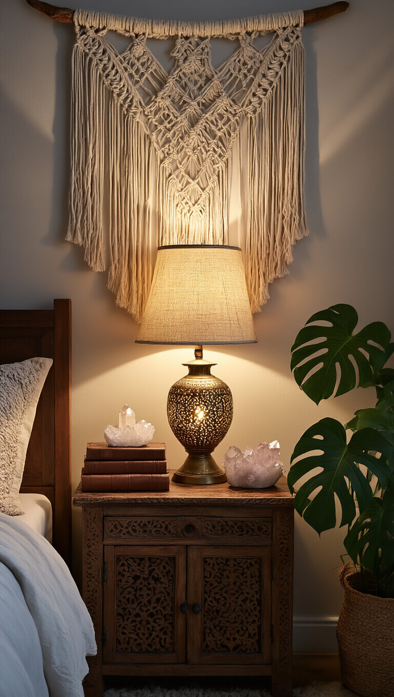 Boho bedroom corner with carved wooden table, Moroccan lamp casting shadows, macramé wall hanging, vintage books, crystals, and monstera plant in warm dusk lighting.
