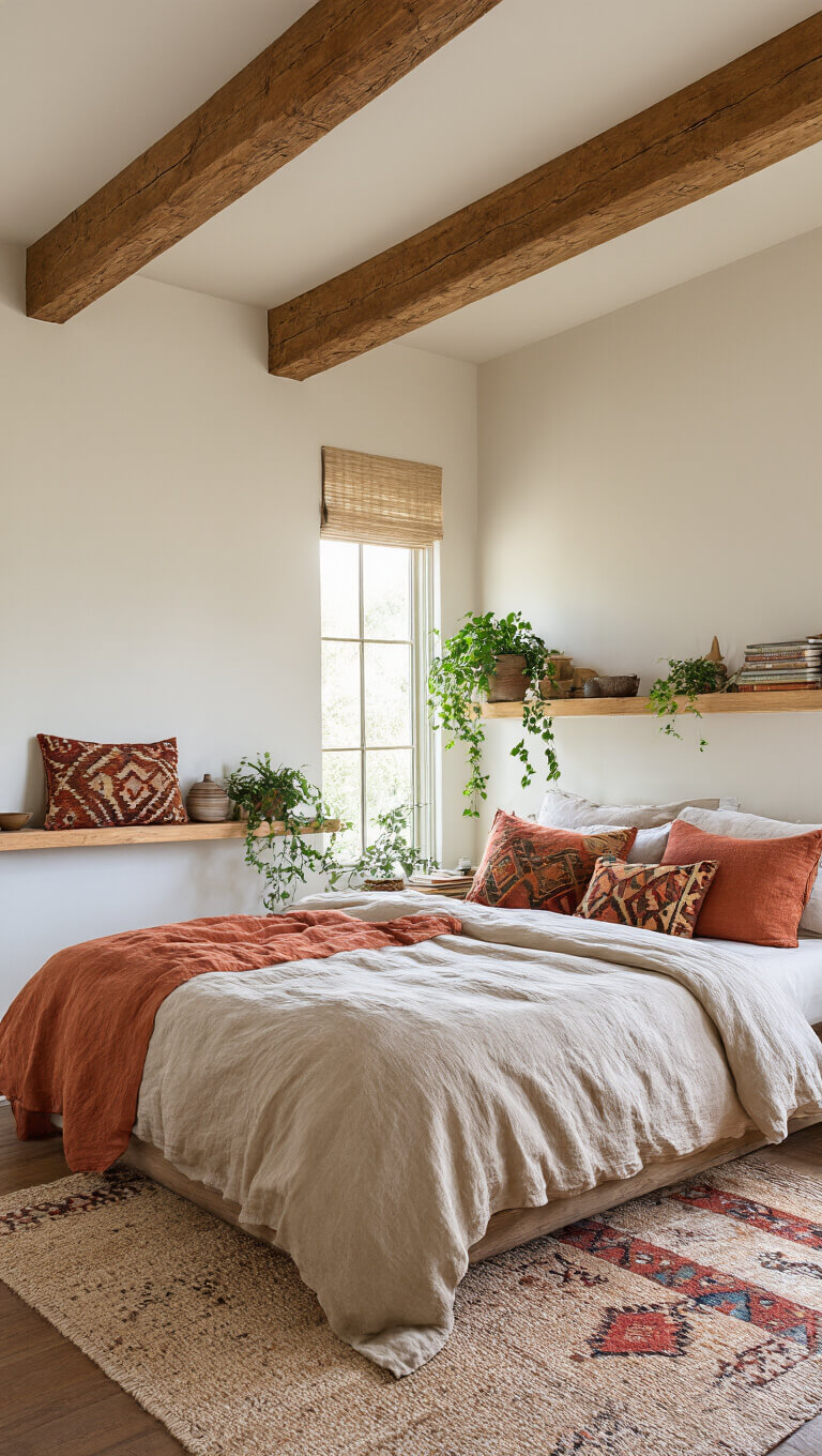 Bright master bedroom with king bed in rumpled oatmeal and terra cotta linens, vintage kilim pillows, wooden beams, floating shelves with plants and treasures, and soft morning light.