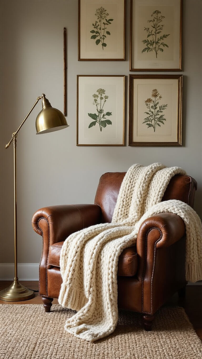 Cozy reading nook with leather armchair, cream knit throw, brass lamp, and vintage botanical prints in warm afternoon light.