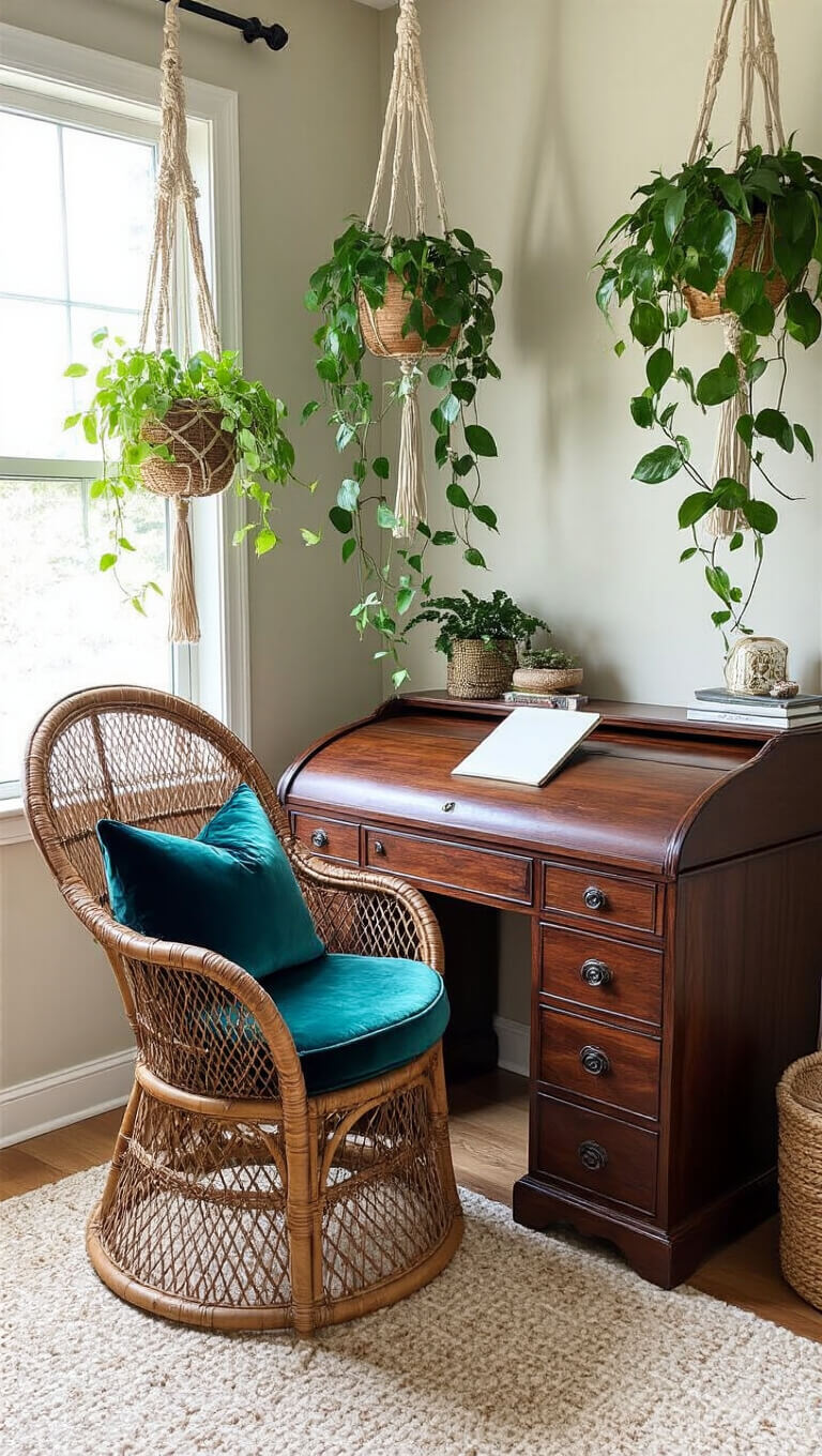 Vintage roll-top desk and rattan peacock chair in cozy bedroom workspace with hanging plants and soft mixed lighting.