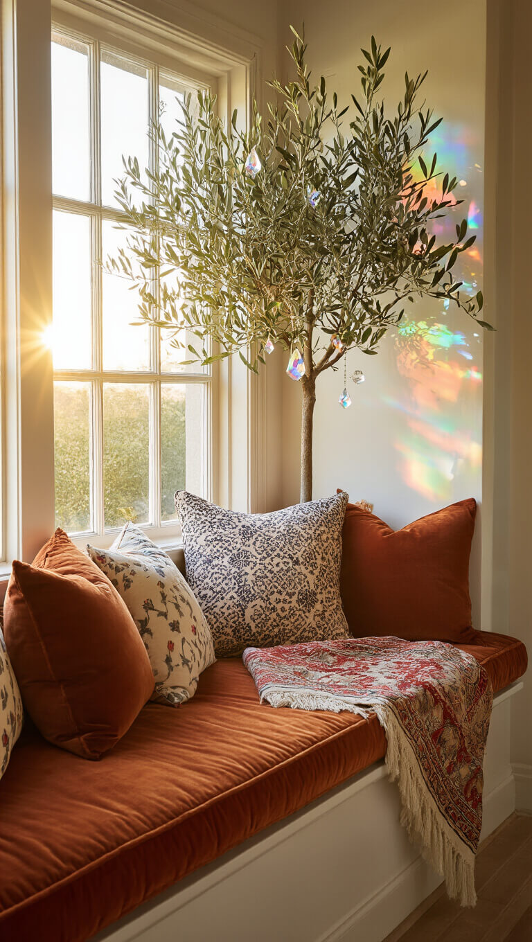 Sunlit bedroom window seat with rust velvet cushion, patterned pillows, Moroccan blanket, olive tree, and rainbow light reflections.